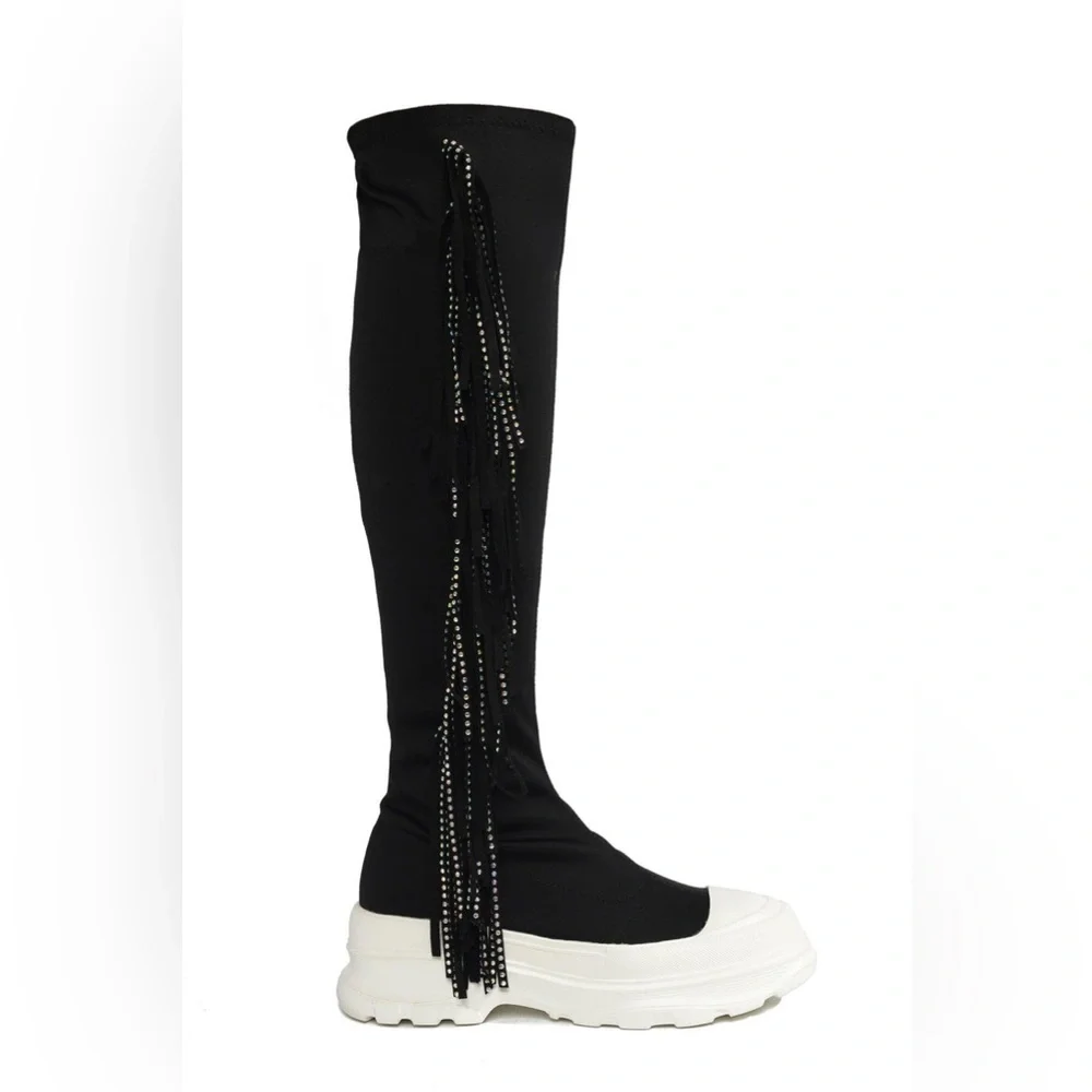 ARETHA - BLACK - BOOTS by CAPE ROBBIN Over-the-Knee Boots with Fringe Detailing